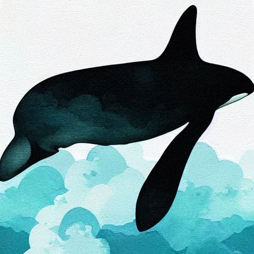 Image similar to “An orca jumping out of a sea of clouds” as digital art, watercolor, and pixel ar