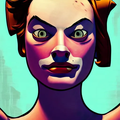 Image similar to margot robbie as a cow with fat udders portrait, borderlands, tales from the borderlands, the wolf among us, comic, cinematic lighting, studio quality, 4 k