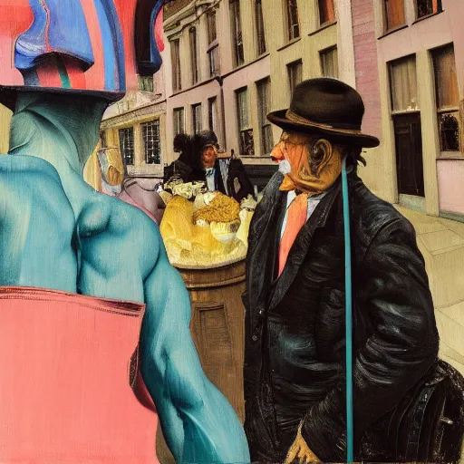 Image similar to high quality high detail painting of two men talking in the city streets of london by lucian freud and edward hopper and jenny saville and francis bacon and norman rockwell and malcom liepke and nicola samori, hd, turquoise and purple and orange and pink, dark atmosphere