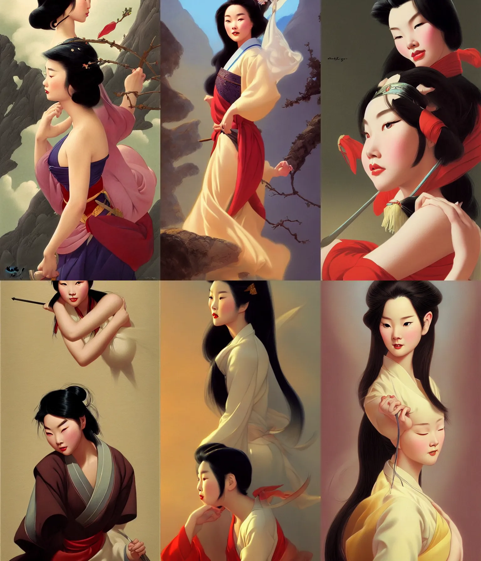 Prompt: portrait of a young mulan, dreamy and ethereal, expressive pose, peaceful expression, elegant, highly detailed, digital painting, artstation, concept art, smooth, sharp focus, by gil elvgren