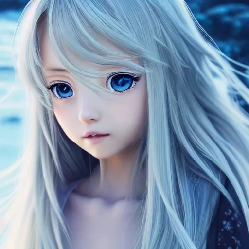 Prompt: a very beautiful closeup portrait of an anime girl, full body, long braided curly silver hair, sky blue eyes, full round face, short smile, casual clothes, ice snowy lake setting, cinematic lightning, medium shot, mid-shot, highly detailed, trending on Artstation, Unreal Engine 4k, cinematic wallpaper by Stanley Artgerm Lau, WLOP, Rossdraws, James Jean, Andrei Riabovitchev, Marc Simonetti, and Sakimichan