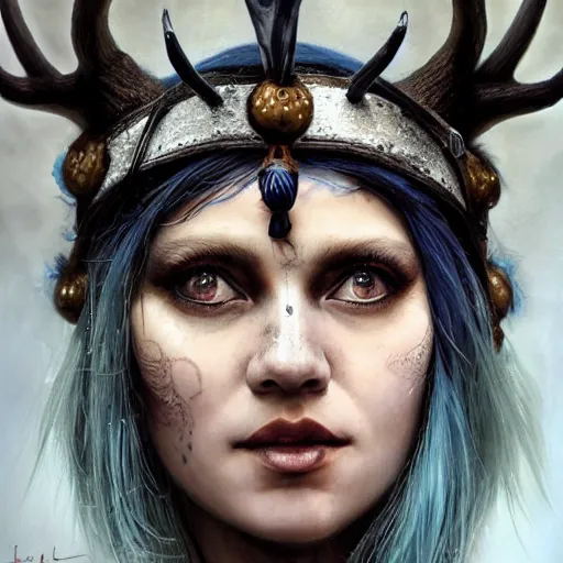 Image similar to A young female shaman, blue hair and antlers on her head. blindfolded, heilung, in the style of Heather Theurer, headshot photoshoot, insanely detailed and intricate, beautiful, elegant, cinematic toplight, portrait, headroom, artstation, karol bak