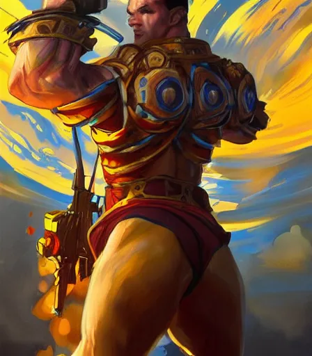 Image similar to ready to fight soldier with blue and yellow flag, fire background, fire burst, muscular masculine figure, art nouveau, D&D, fantasy, intricate, elegant, highly detailed, digital painting, artstation, concept art, matte, sharp focus, illustration, hearthstone, art by Artgerm and Greg Rutkowski and Alphonse Mucha