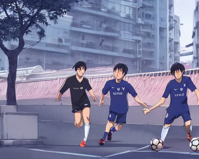 Image similar to harry kane and son heung-min playing soccer in the streets of beijing, slice of life anime, lighting, anime scenery by Makoto shinkai