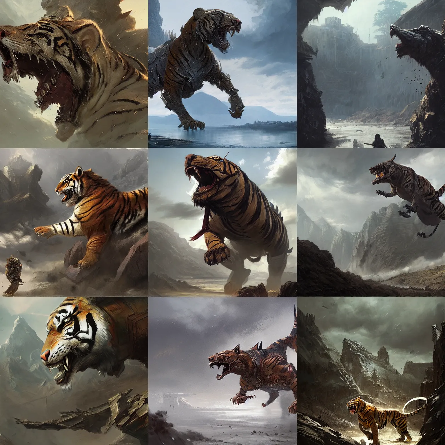Prompt: fully armored tiger roaring. matte painting, concept art, by greg rutkowski.