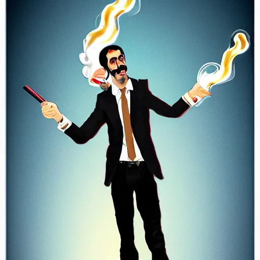 Image similar to Sacha Baron Cohen as borat smoking a giant rolled cannabis cigarette, caricature, smoke, amazing detail, digital art, artstation