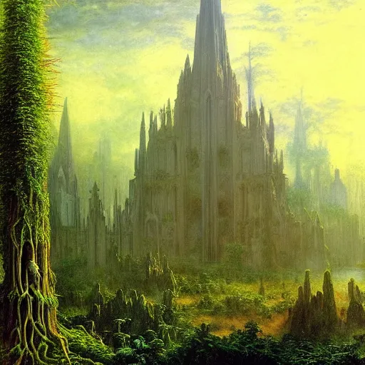 Image similar to a beautiful and highly detailed matte painting of an elven cathedral in a magical celtic forest, otherworldly trees and plants and flowers, detailed spires, by caspar friedrich, albert bierstadt, james gurney, brian froud,