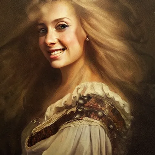 Prompt: oil painting, smiling, happy, beautiful, intelligent, fierce, powerful, female pirate captain 3 2 years old, flowing long hair, fully clothed, wise, beautiful, masterful 1 7 2 0 s oil painting, dramatic lighting, sharp focus