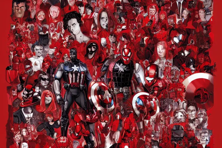 Prompt: red themed mashup with movie characters, marvel, disney, indie, highly detailed, featured on artstation, highly detailed, abstract