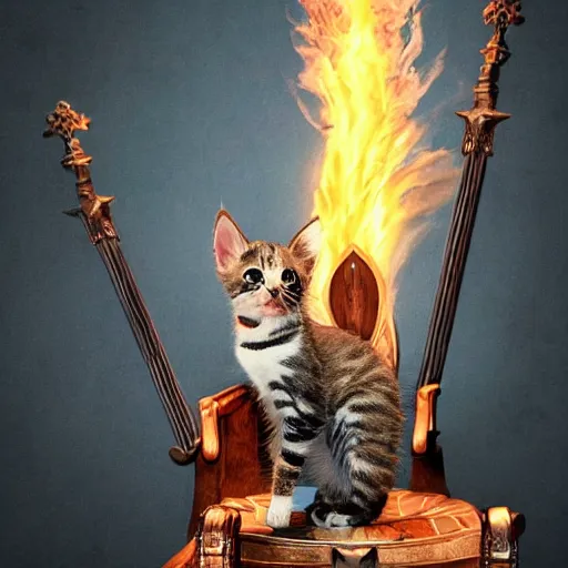 Image similar to burning kitten sitting on thrones of swords, lightning striking around, american flag in background