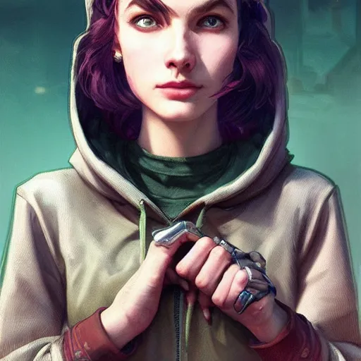 Image similar to character portrait of a 1950s girl in a hoodie, dystopian cyberpunk steampunk mood, intricate, wild, highly detailed, digital painting, artstation, upper body, concept art, smooth, sharp focus, illustration, art by artgerm and greg rutkowski and alphonse mucha