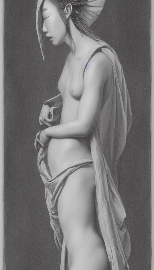 Image similar to model yoon young as the high priestess, by roberto ferri, black and white graphite drawing, smooth render, 3 / 4 view