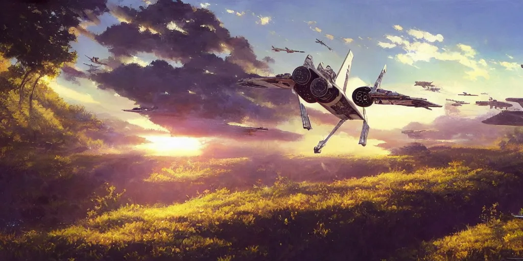 Prompt: an extraordinarily beautiful oil painting of an x - wing fighter in a landscape in spring during sunrise ; lush vegetation ; the most beautiful painting in the world ; by makoto shinkai and craig mullins