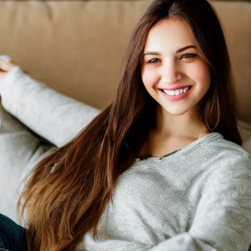 Image similar to a cute young woman smiling, long shiny bronze brown hair, full round face, green eyes, medium skin tone, light cute freckles, smiling softly, wearing casual clothing, relaxing on a modern couch, interior lighting, cozy living room background, medium shot, mid-shot, soft focus