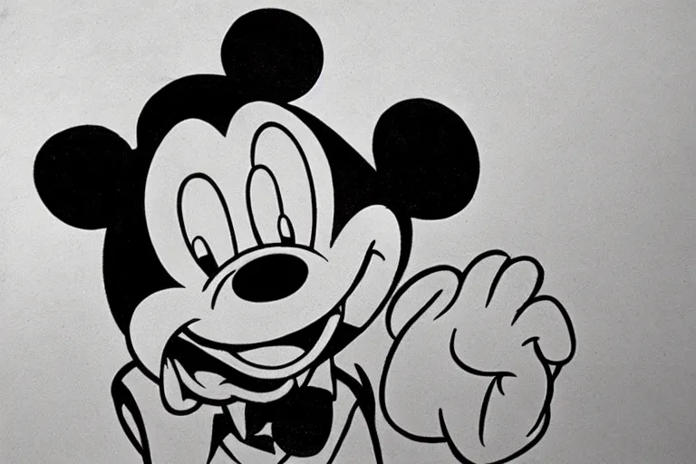 Image similar to courtroom sketch of vintage disney character mickey mouse presenting evidence of copyright infringement before the judge serious dark tone