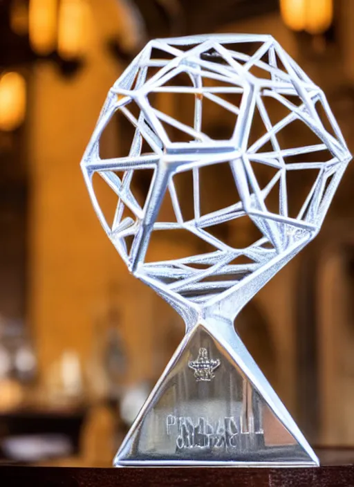 Image similar to a reflective symmetrical polyhedral 3 d printed steel engineering trophy at a high end bar in a medieval themed castle in golden afternoon light, professional food photography