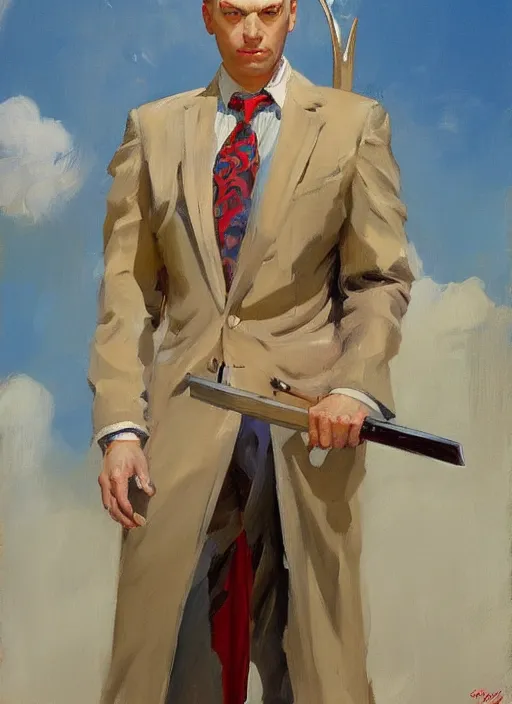 Image similar to greg manchess portrait painting of a blond man in a blue suit with a sword and a pistol, asymmetrical, profile picture, organic painting, sunny day, matte painting, bold shapes, hard edges, street art, trending on artstation, by huang guangjian, gil elvgren, ruan jia, randy vargas, greg rutkowski