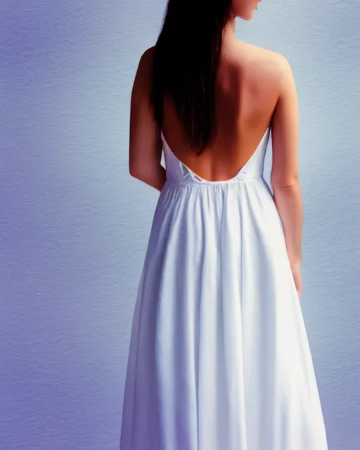 Image similar to watercolor picture of a beautiful young woman in white dress, from the back, looking at the camera, high key, 8k