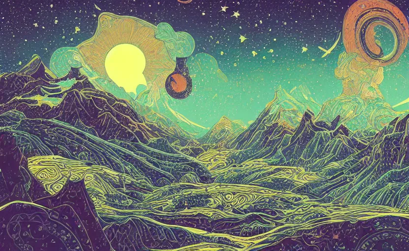 Image similar to mountains, stars and paisley filled sky, artstation, intricate, highly detailed, digital painting, concept art, sharp focus, illustration by Ivan Bilibin and Kilian Eng