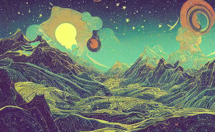 Prompt: mountains, stars and paisley filled sky, artstation, intricate, highly detailed, digital painting, concept art, sharp focus, illustration by Ivan Bilibin and Kilian Eng