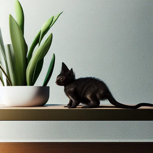 Image similar to a modern indoor room, clean architecture, some plants, peaceful, 8K octane render, a bat kitten sits there