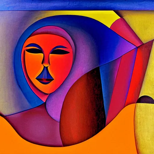 Image similar to woman woman as the natural landscape, her curves form the mountains and rivers of this land, high quality art in the style of cubism and georgia o'keefe,