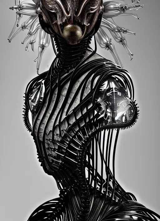 Image similar to iris van herpen gothic inflateble dark dress, perfect symmetrical body, helmet on face, full body shot, alien, plant predator, guyver, giger, wires, tubes, veins, jellyfish, white biomechanical details, wearing epic bionic cyborg implants, masterpiece, intricate, biopunk, vogue, highly detailed, artstation, concept art