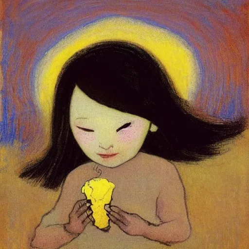 Image similar to pretty child eating ice cream on the beach, long hair flying becous wind by odilon redon