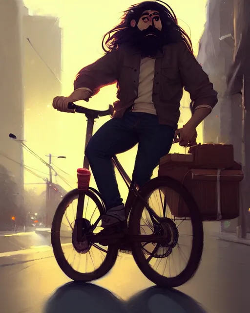 Prompt: a ultradetailed painting of a long - haired bearded uber eats food delivery guy on a bicycle, greg rutkowski and makoto shinkai trending on artstation