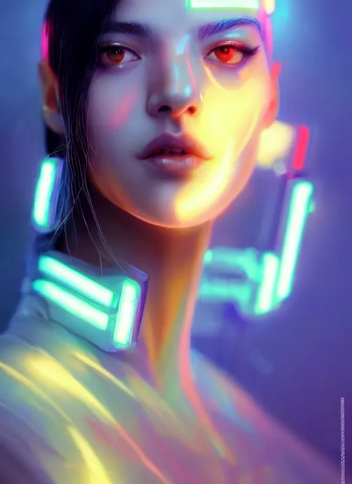 Image similar to photorealistic an oriental female humanoid with heavy freckle cheeks, cyber neon lightings, futurism, cyberpunk high fashion, glamorous profile pose, intricate details, crispy quality, digital photography, trending in artstation, trending in pinterest, no watermark signature, cinematic, 4 k ultra hd, art by artgerm, art by greg rutkowski, art by pascal blanche