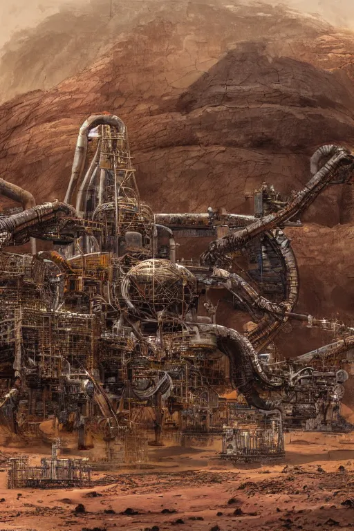 Image similar to industrial minning plant in a quarry in the middle of the desert of Mars planet concept art by yoshitaka amano and H.R. Giger, intricate detail, 8k, featured art