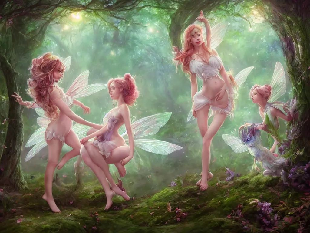 Image similar to two cute fairy in the dreamy forest, fantasy, dreamlike, 8 k resolution, hyper detailed, d & d, character design, digital painting, trending on artstation, sharp focus, illustration, art by artgerm, viktoria gavrilenko, hoang lap, fuji choko, steve zheng