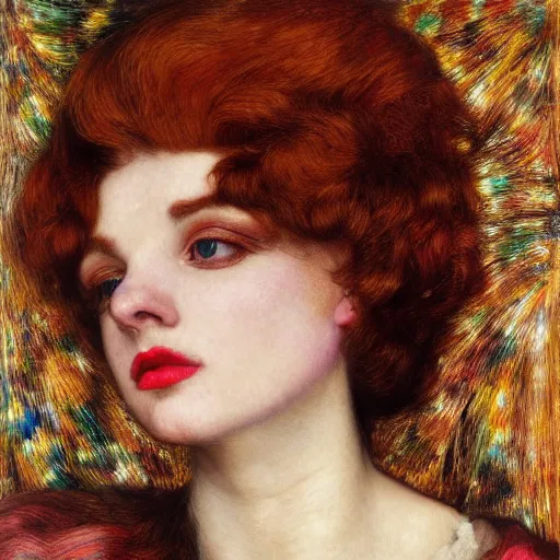 Prompt: portrait of a hybrid of judy garland and lady gaga with marfan syndrome, with a brown fringe, holman hunt, john william waterhouse, kilian eng, rosetti, john everett millais, william holman hunt, 4 k