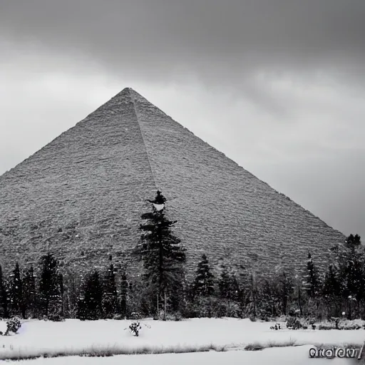 Image similar to a large taiga with a huge pyramid in it. snow capped mountains are in the background. overcast sky, snowing, grainy.