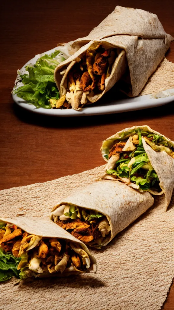 Image similar to photo of shawarma wrapped in a carpet cinematic lighting, highly detailed