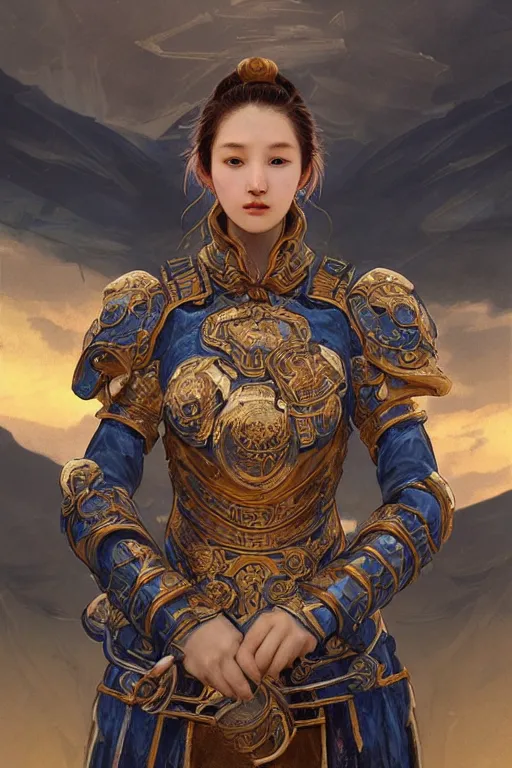 Image similar to portrait knights of Zodiac girl, Chinese Blue and white porcelain reflected armor, in ruined Agora of Athens sunrise, ssci-fi, fantasy, intricate, very very beautiful, elegant, golden light, highly detailed, digital painting, artstation, concept art, smooth, sharp focus, illustration, art by tian zi and WLOP and alphonse mucha