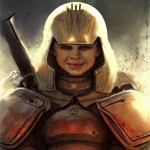 Image similar to doomguy as an attractive young smiling woman dressed as a knight, face portrait, hd shot, digital portrait, beautiful, fantasy art, artstation, comic style, by artgerm, guy denning, jakub rozalski, magali villeneuve and charlie bowater