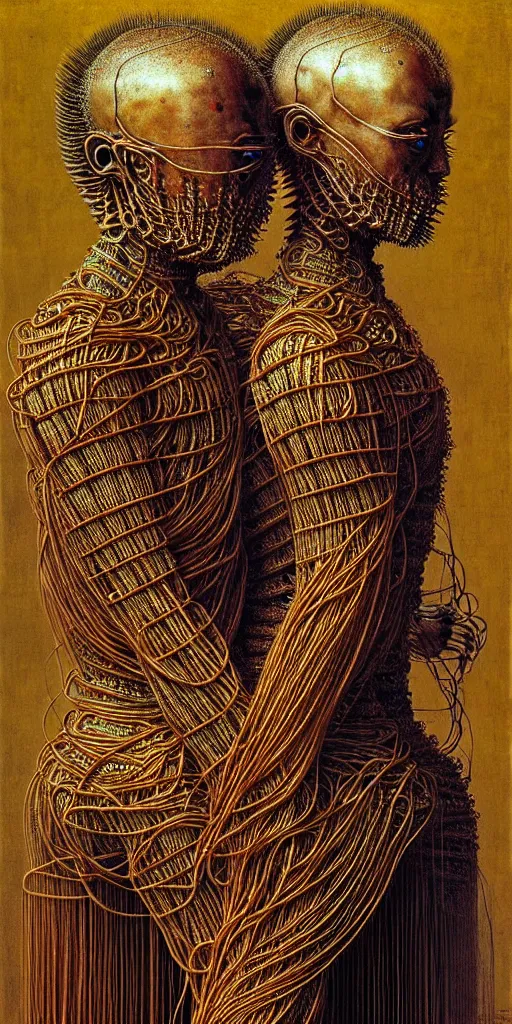 Image similar to siamese twins made of spaghetti, intricate armor made of spaghetti fractals, ancient warrior, samurai style, by giuseppe arcimboldo and ambrosius benson, renaissance, intricate and intense oil paint, a touch of beksinski, realistic