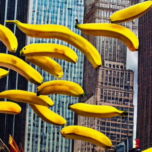 Image similar to Bananas falling from the sky over new york city, colourised, photograph