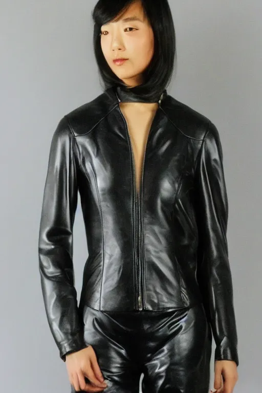 Image similar to youthful asian demure, exquisite features, feminine cut, 1 9 7 0's frontiers in flight leather suit