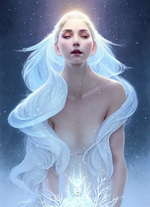 Image similar to a beautiful cinematic female winter goddess, cristal dress, ice wing, galatic shamen with quantum energy fantasy, fantasy magic, undercut hairstyle, dark light night, intricate, elegant, sharp focus, illustration, highly detailed, digital painting, concept art, matte, art by wlop and artgerm and greg rutkowski and alphonse mucha, masterpiece