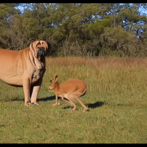 Image similar to boerboel in a field, kangaroo in the background, detailed, intricate