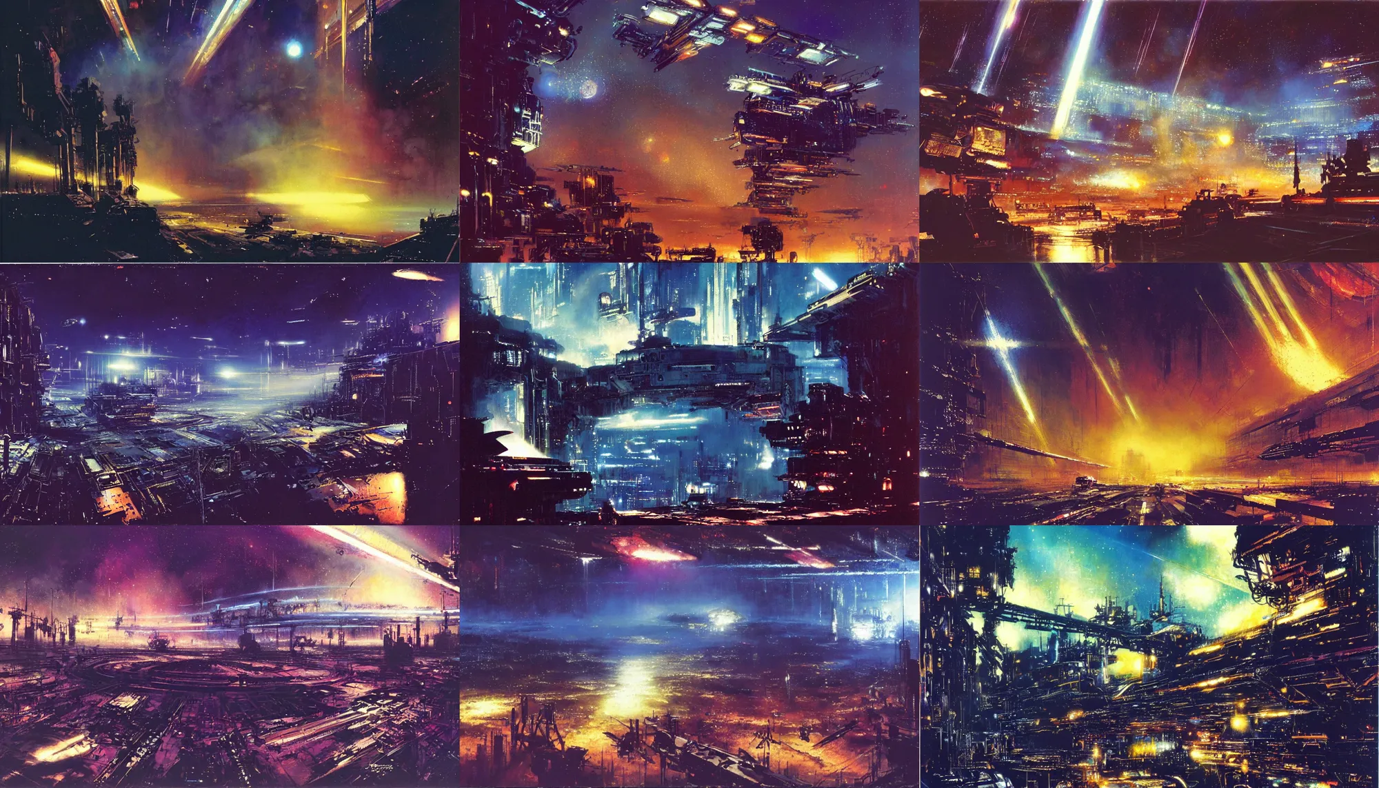 Prompt: c - beams glittering in the dark near the tannhauser gate by john harris and john berkey, matte, masterpiece, atmospheric, wide angle shot