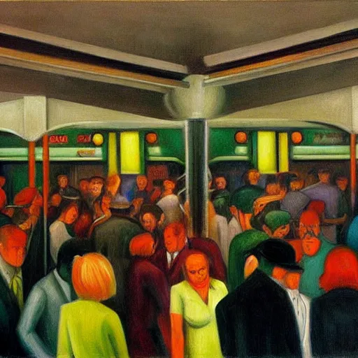 Prompt: crowded subway station interior, art deco, brutalism, dystopian, pj crook, edward hopper, oil on canvas