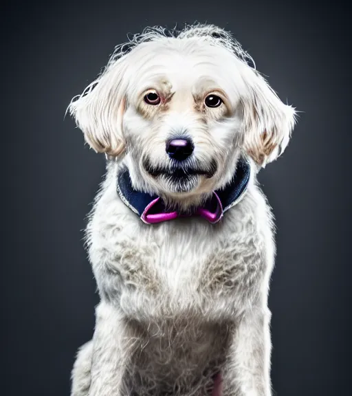 Image similar to high quality colored portrait of a dog that looks like albert einstein, professional lighting, high detail, dslr, 8 k