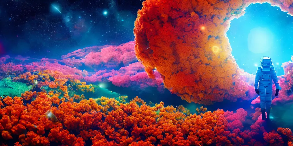 Image similar to astronaut walks in a field of colorful corals on the surface of a far away planet. universe in the background. wallpaper relaistic cgi 4 k lens flare cinematic color grading