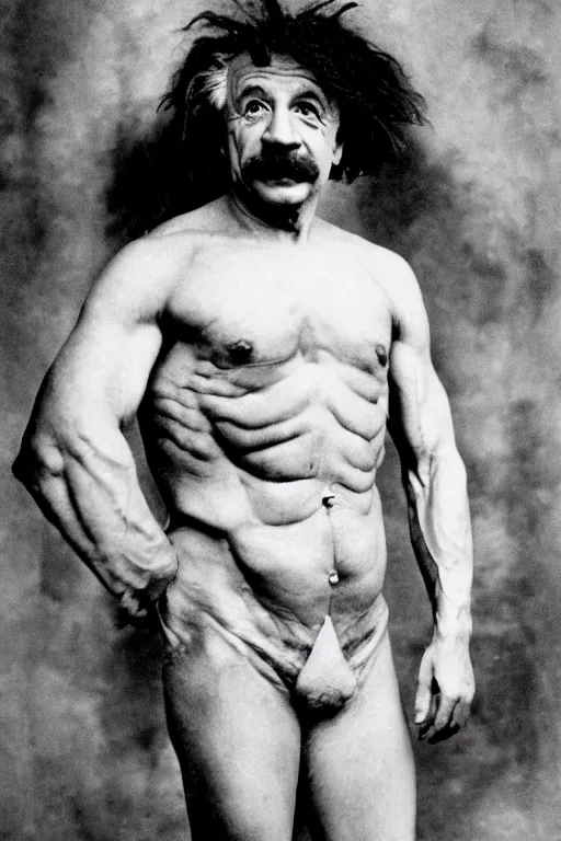 Prompt: colorful photograph of muscular albert einstein