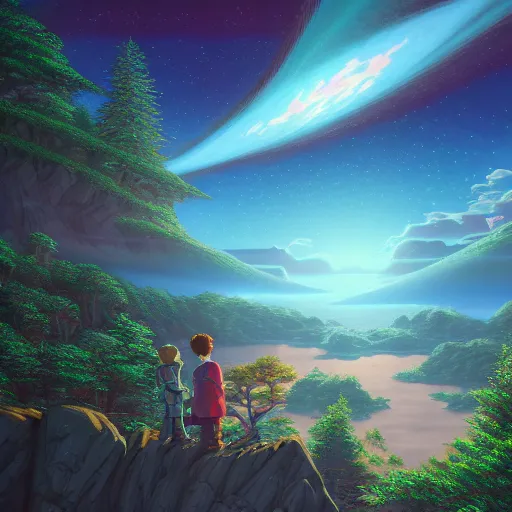 Image similar to the second coming of mister rodgers and bob ross and carl sagan, by dan mumford, yusuke murata, makoto shinkai, ross tran, cosmic, heavenly, god rays, intricate detail, cinematic, 8 k, cel shaded, unreal engine, featured on artstation, pixiv