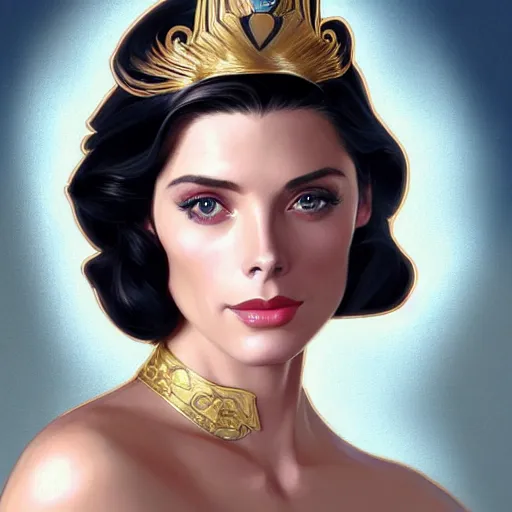 Image similar to Ashley Greene's face combined with Grace Kelly's face with short dark blue hair as She-Ra, western, D&D, fantasy, intricate, elegant, highly detailed, digital painting, artstation, concept art, matte, sharp focus, illustration, art by Artgerm and Greg Rutkowski and Alphonse Mucha