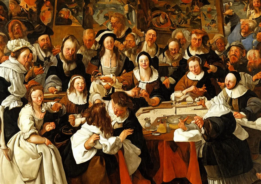 Image similar to Jan Steen. Magnificent woman in the center staring at us.